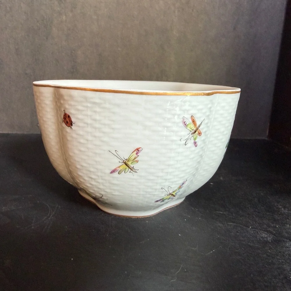 Schumann Dresden Porcelain Bird & Butterfly Basketweave Bowl A5742 31 Gold Rim